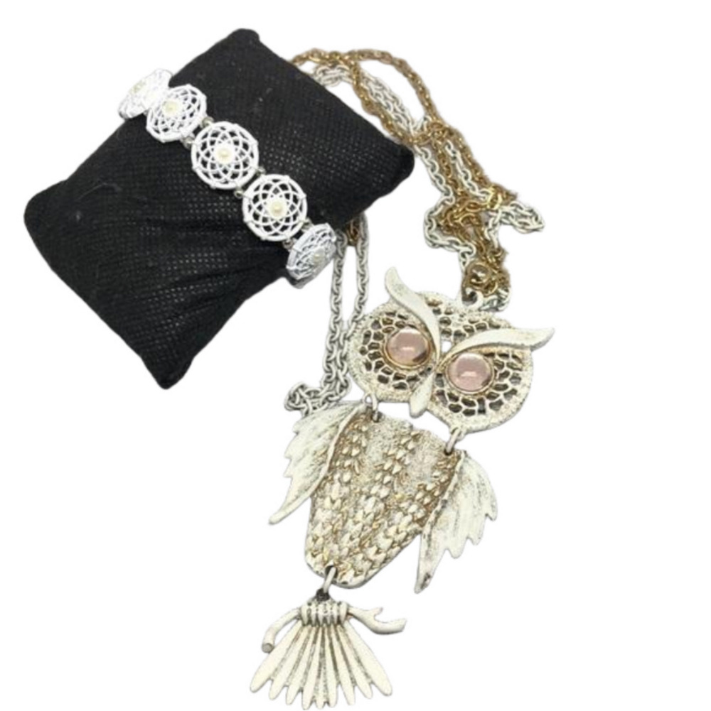 Big owl pendant double chain, necklace free bracelet boho festival statement